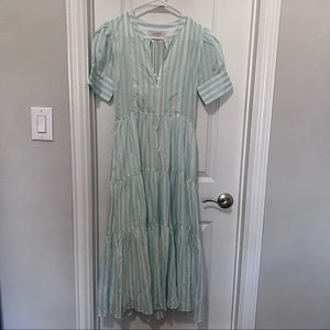 La Ligne Izzy Pale Blue Stripe Tiered Midi Dress NWOT Size XS